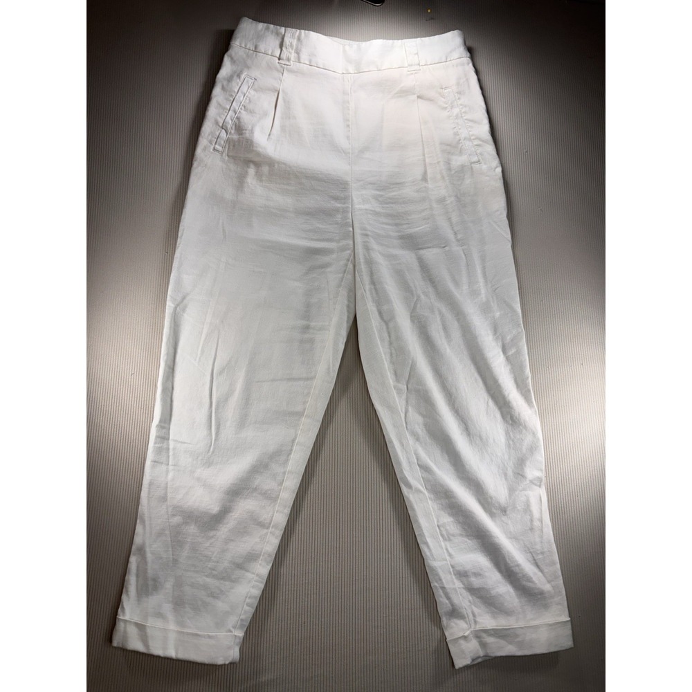 anthropologie ett twa pants‎ Women's Linen Blend White Cropped Cuffed Sz 8 NWOT